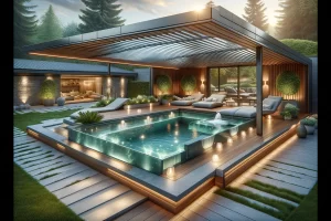 image graphique représentant un spa extérieur luxueux avec une couverture élégante dans un cadre de jardin moderne. Le spa présente des lignes géométriques épurées et est intégré dans une terrasse en pierre naturelle et en matériaux composites en bois. La couverture est fabriquée à partir de matériaux durables comme l'aluminium ou le polycarbonate, offrant une protection complète contre les éléments. L'eau est claire et accueillante, avec des lumières LED sous-marines et des jets stratégiquement placés pour l'hydrothérapie. Des chaises longues confortables et une verdure luxuriante entourent le spa, créant une atmosphère relaxante et intime. La scène met en avant les avantages d'avoir une couverture pour le spa, y compris la protection, le confort et l'utilisation toute l'année.